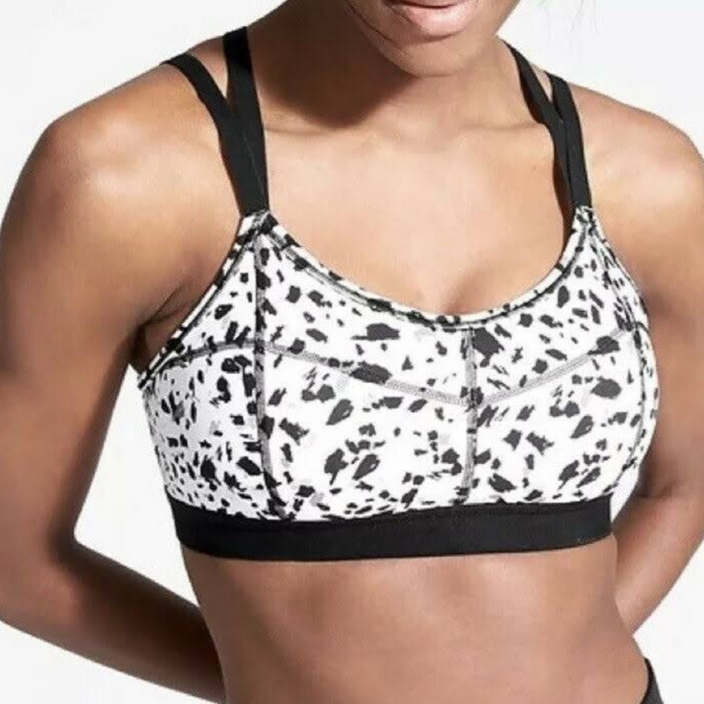 ATHLETA black and white speckled crisscross sports bra
